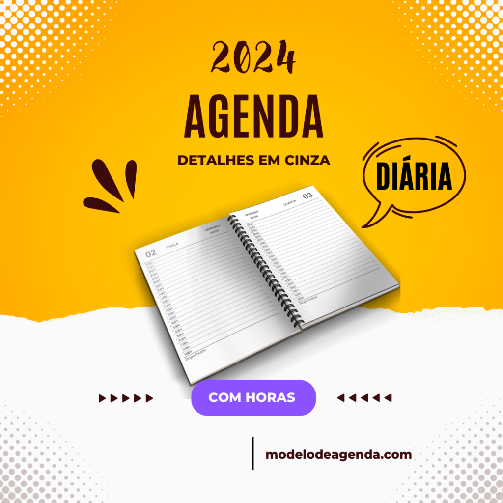 Miolo de Agenda 2024 para imprimir 1 dia por página cinza com horas