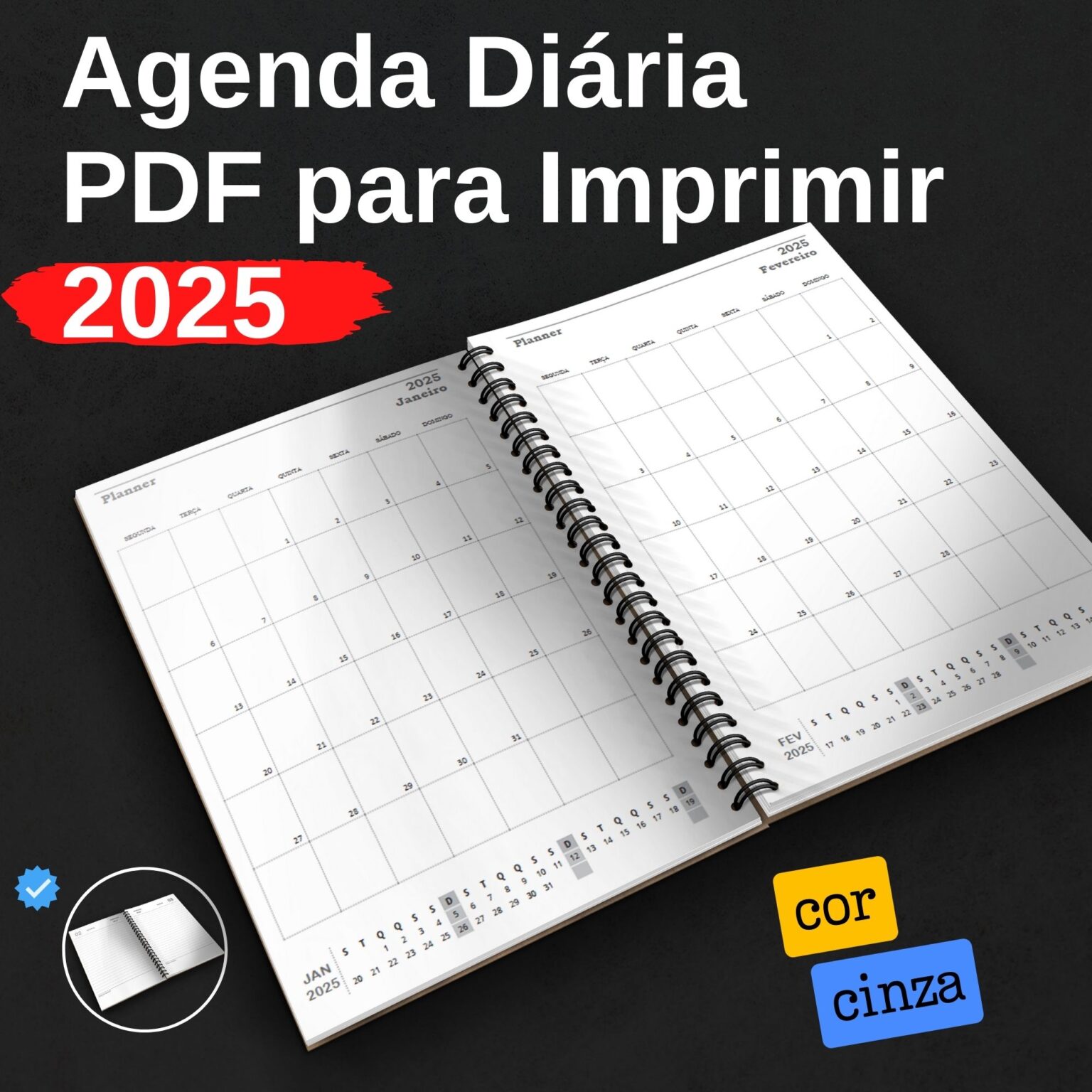 Miolo de Agenda 2025 para Imprimir Diária Cinza sem Horas Modelo de